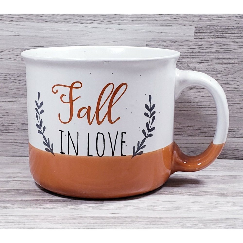 Speckled Stoneware "Fall in Love"  12 oz. Coffee Mug Cup White Orange